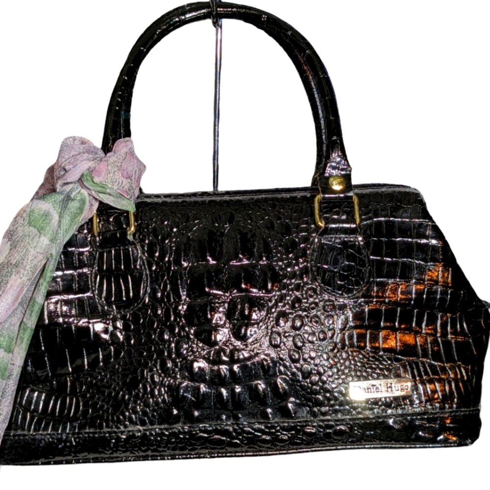 DANIEL HUGO vintage OSTRICH Black HANDBAG 90s satchel purse shoulder bag